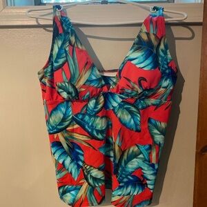 St. John's Bay Red and Blue Leaf Print Swim Top
